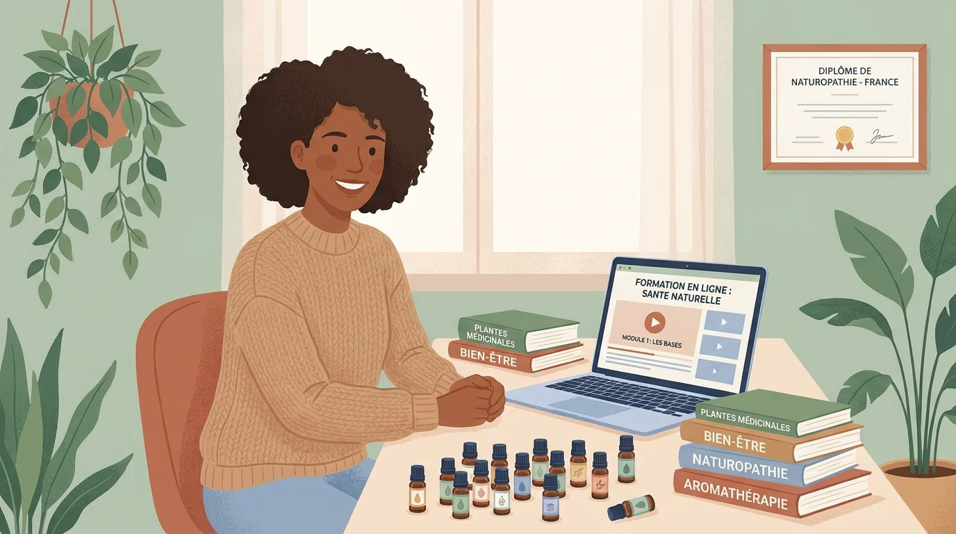Thérapeute holistique se formant en ligne entouré d'outils sensoriels et de livres