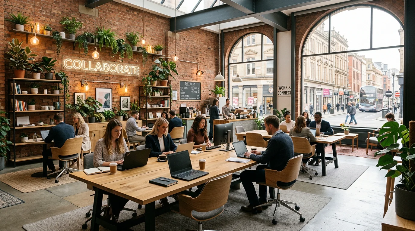 A modern shared office space with professionals working at communal desks