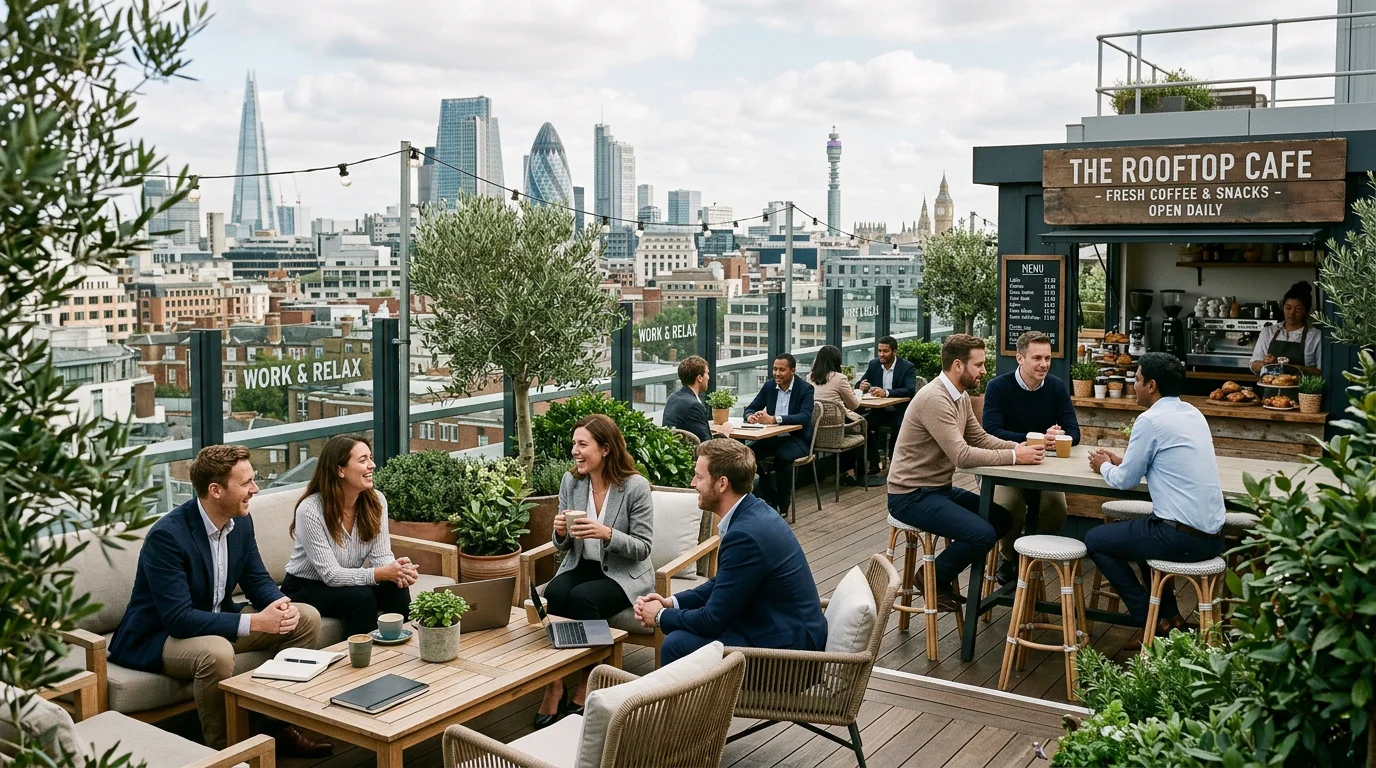 A rooftop terrace workspace where professionals relax and network