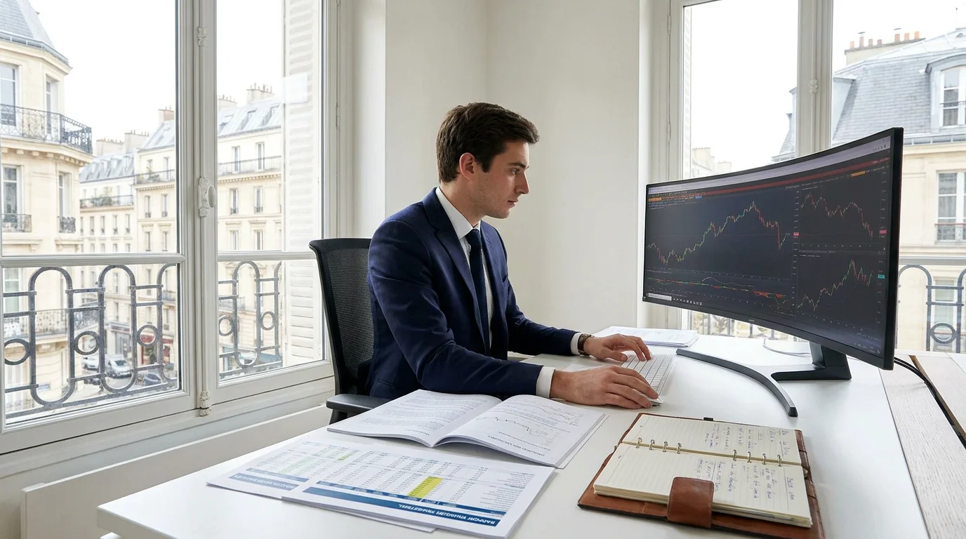 Stagiaire en finance analysant des données sur un écran dans un bureau moderne en France