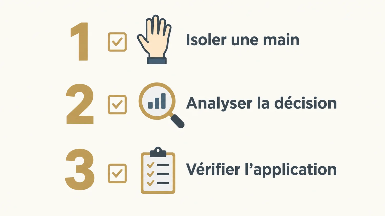 Checklist en trois étapes : isoler une main, analyser la décision et vérifier son application.