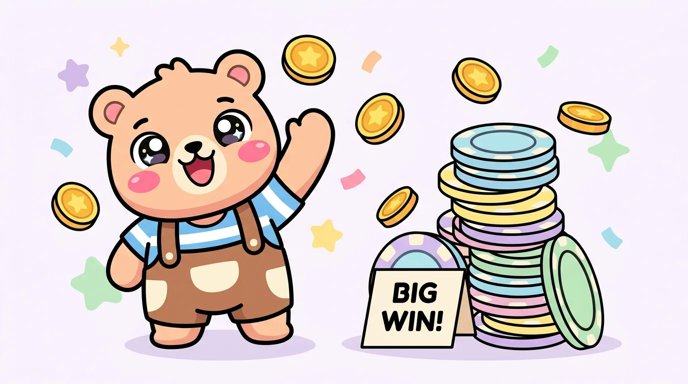 Chibi cartoon mascot celebrating beside casino chips and coins