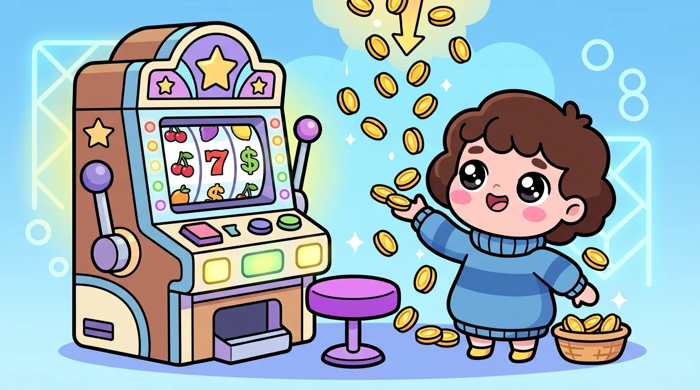 Chibi cartoon player winning coins at a casino slot machine