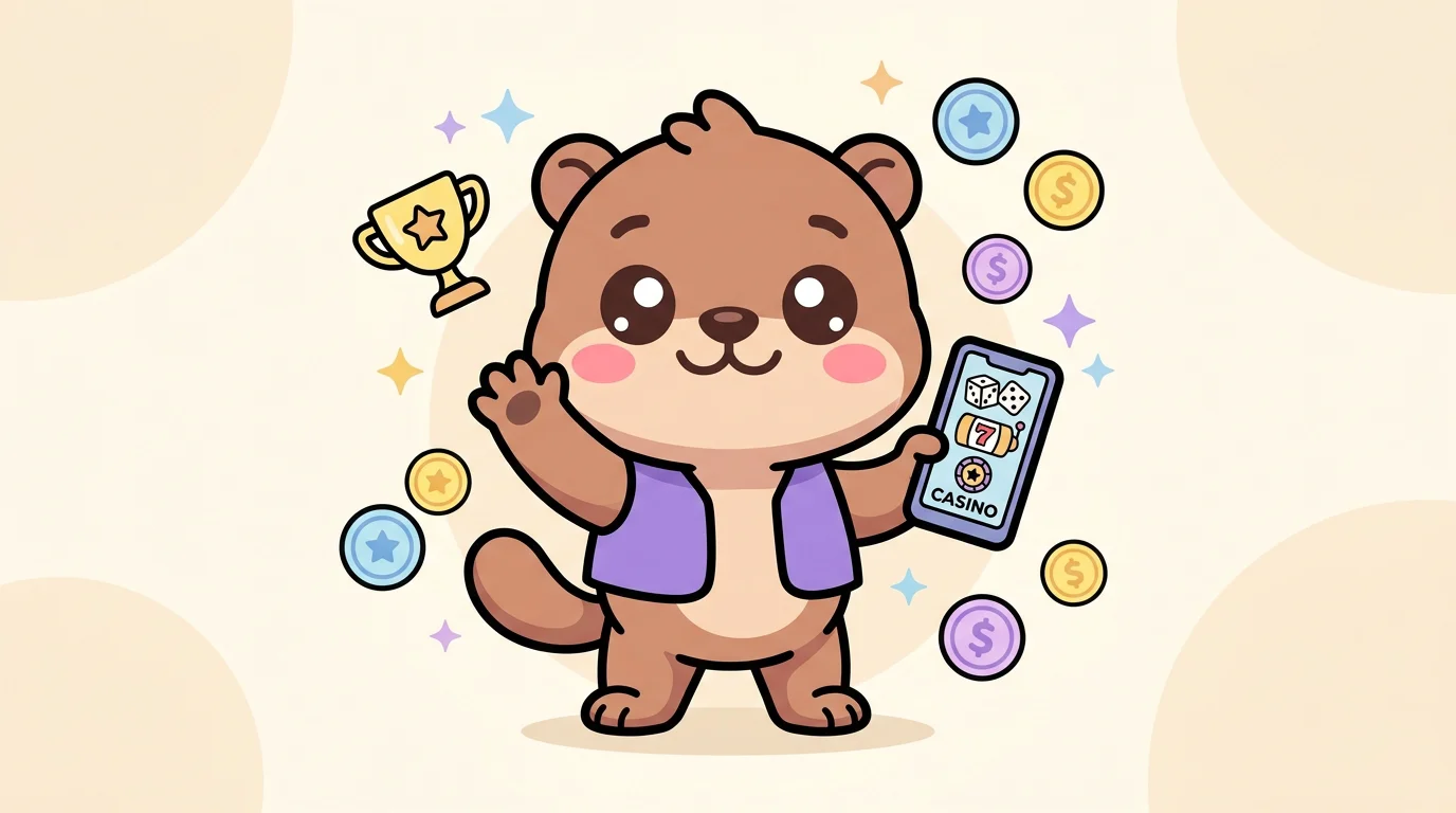 Chibi mascot playing mobile casino games on a smartphone