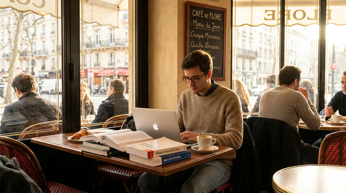 Étudiant travaillant sur son ordinateur dans un café en France