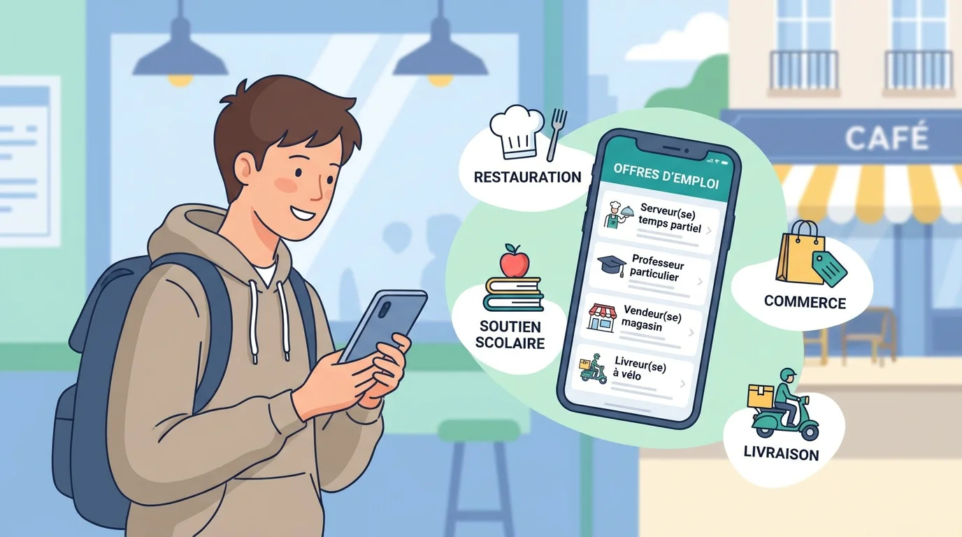 Illustration d'un étudiant consultant des offres d'emploi sur son téléphone