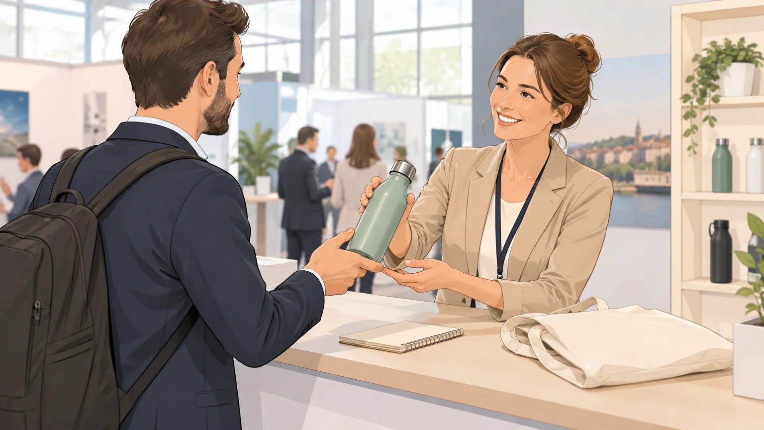 Remise d’un objet utile à un visiteur lors d’un salon professionnel