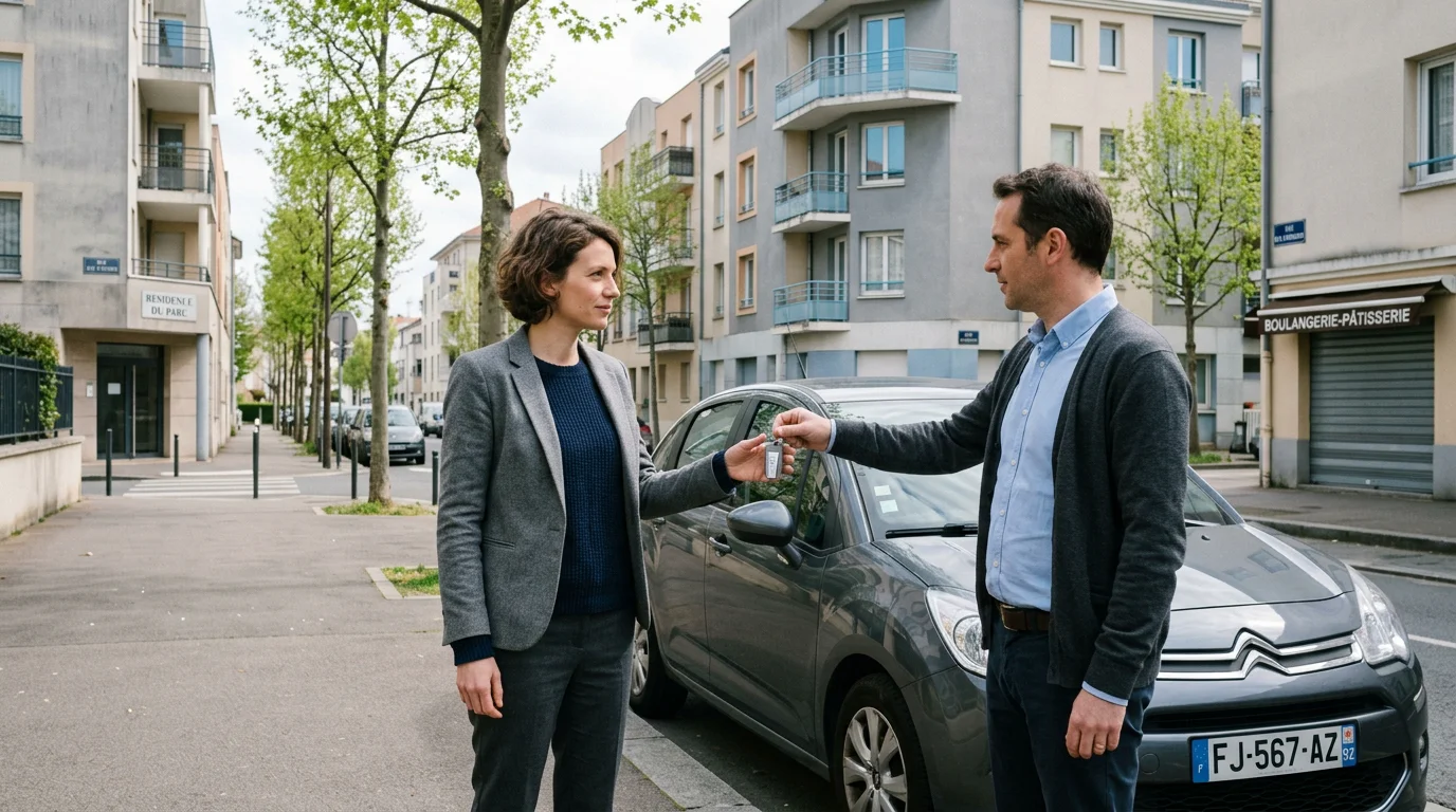 Personne récupérant les clés d'une voiture de location dans une rue de banlieue française