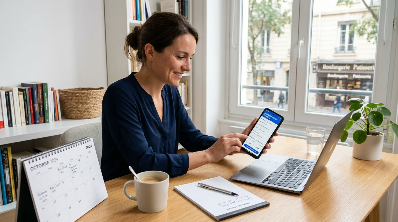 Professionnel réservant un véhicule en ligne sur son smartphone