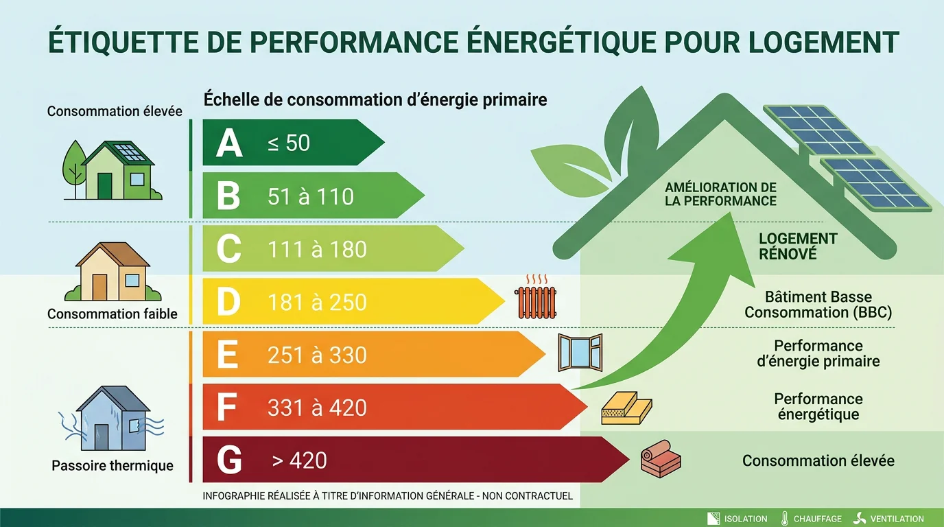 Étiquette énergétique du DPE illustrant le reclassement des logements en 2026