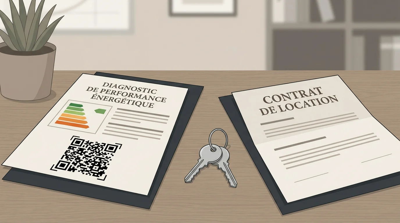 Document DPE avec QR code de vérification à côté de clés et d'un contrat de bail