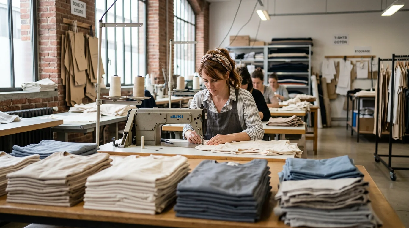 Couturière assemblant des t-shirts en coton dans un atelier textile français