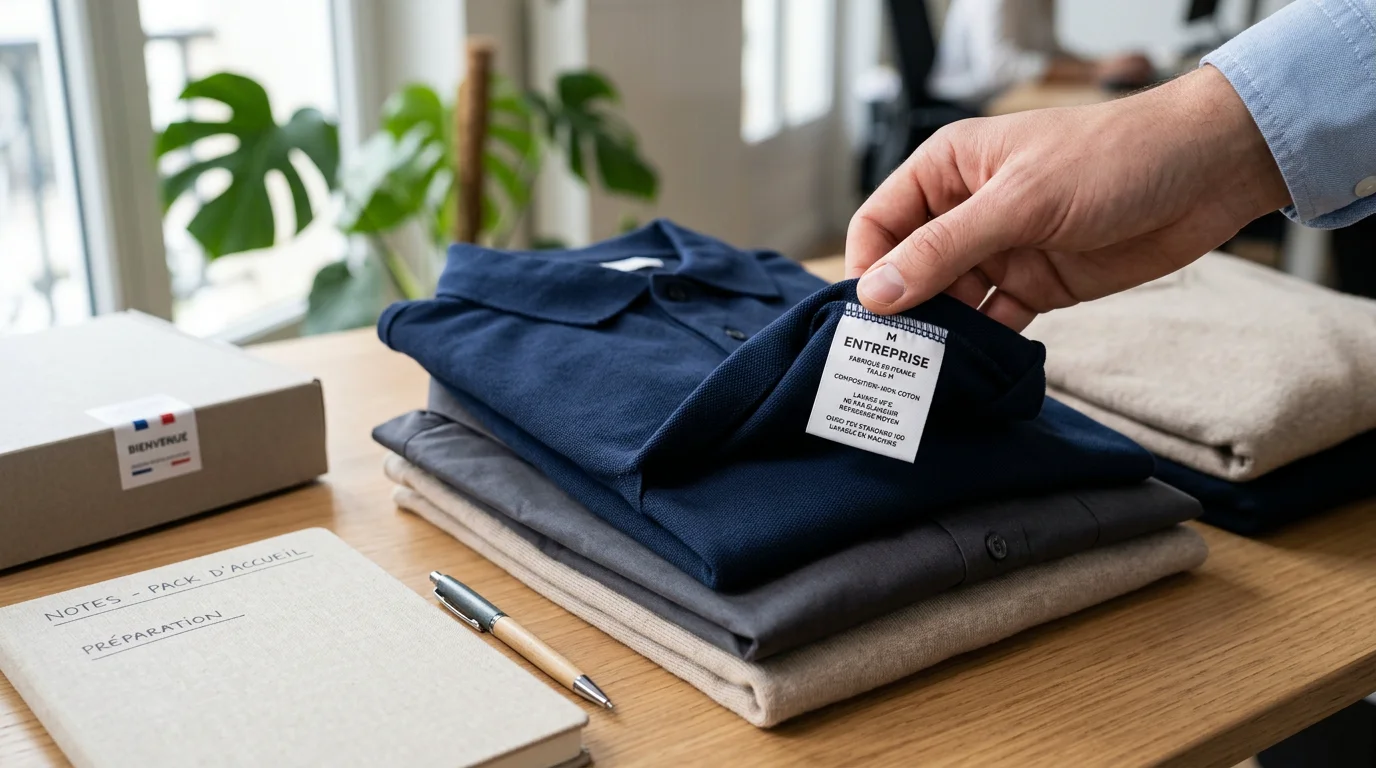 Vérification d'une étiquette sur des vêtements d'entreprise pliés lors de la préparation d'un welcome pack