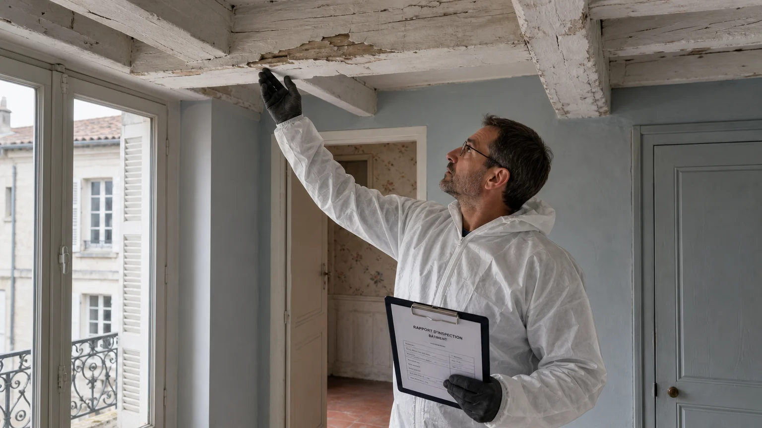 Diagnostiqueur certifié inspectant l'état de conservation de matériaux dans un bâtiment ancien