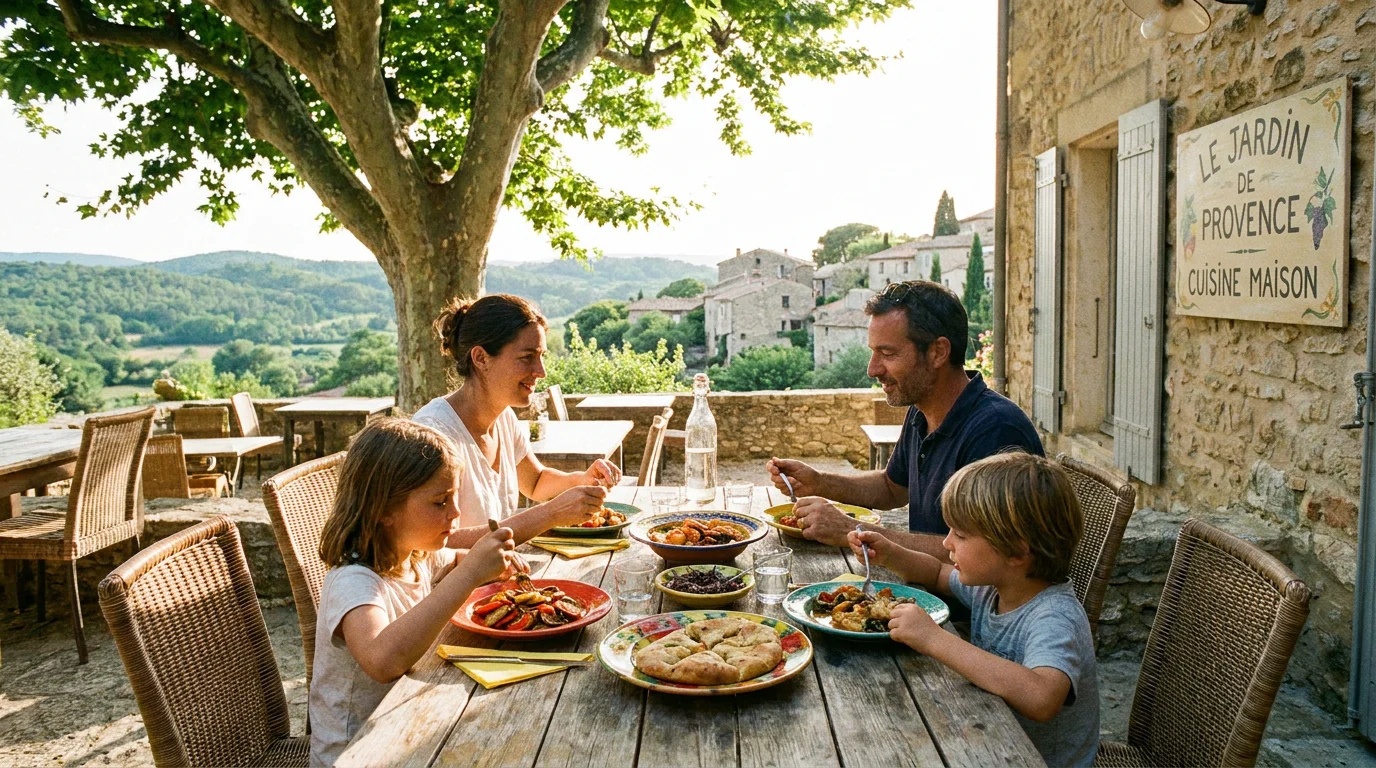 Famille en terrasse d'un restaurant de village dans le Luberon en Provence