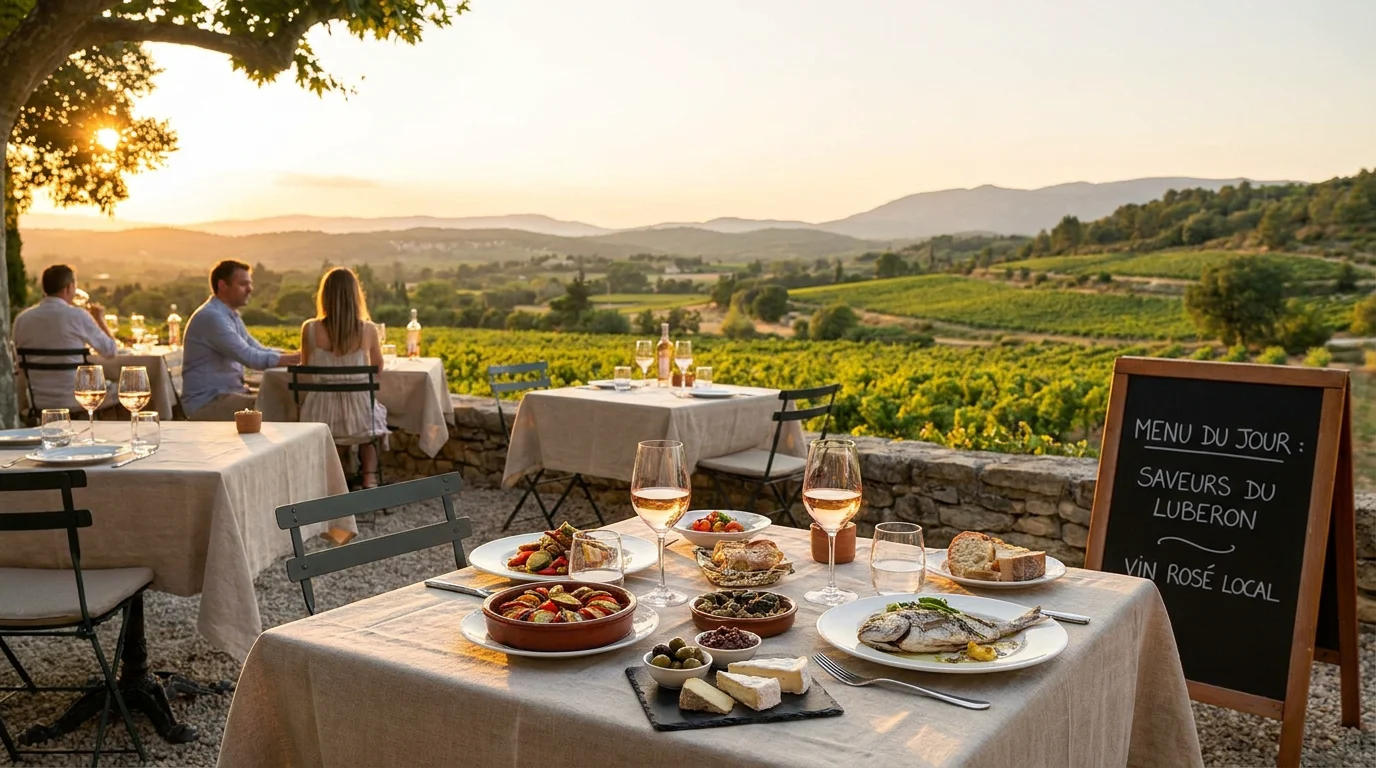 Terrasse de restaurant avec vue panoramique sur la vallée du Luberon au coucher du soleil