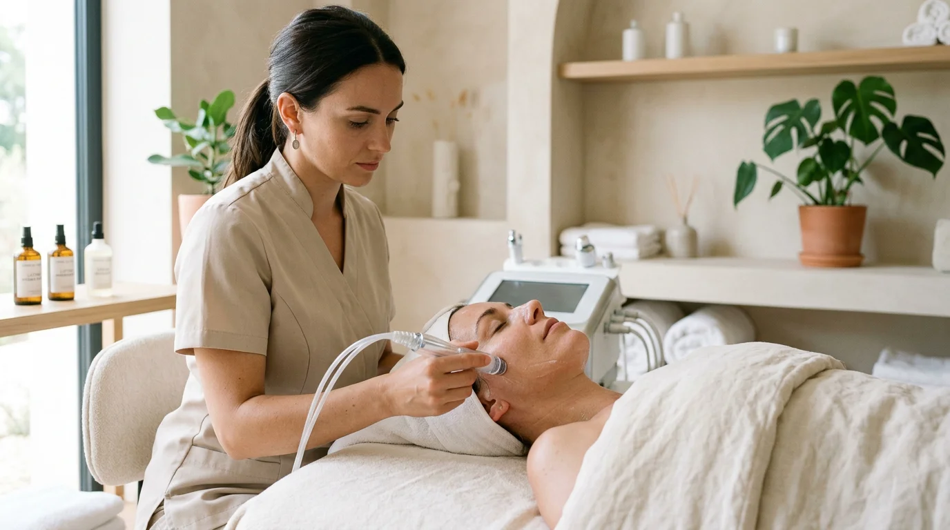 Praticienne réalisant un soin d'hydradermabrasion du visage en institut