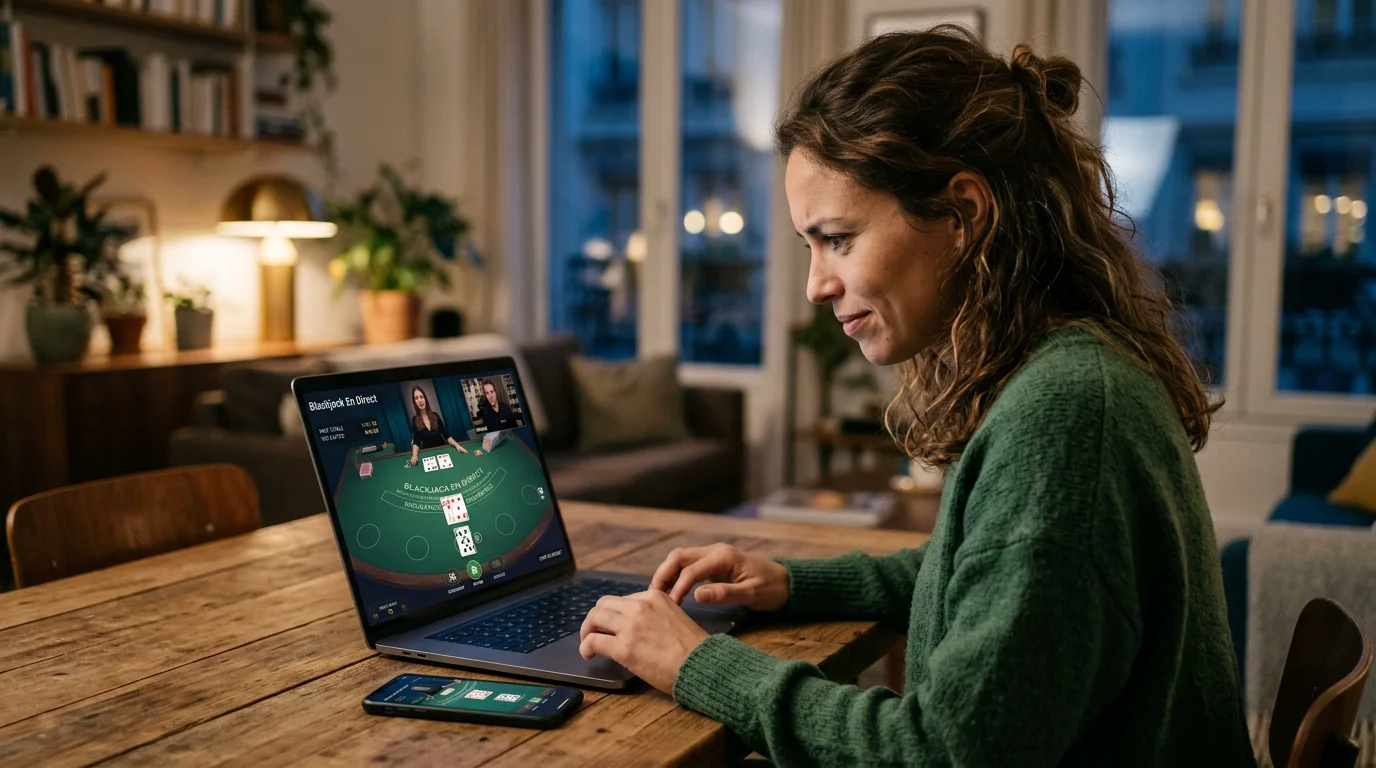 Joueur suivant une table de blackjack en direct sur ordinateur et mobile