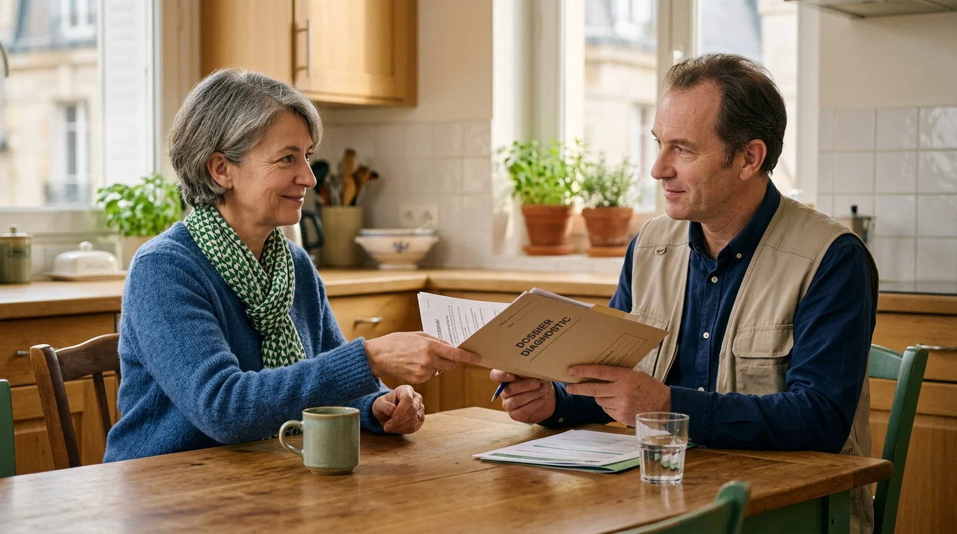 Propriétaire remettant ses documents à un diagnostiqueur immobilier