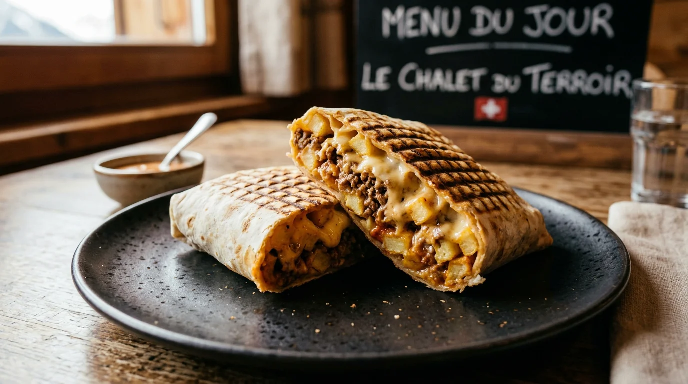 Tacos français coupé en deux montrant viande, frites et sauce fromagère