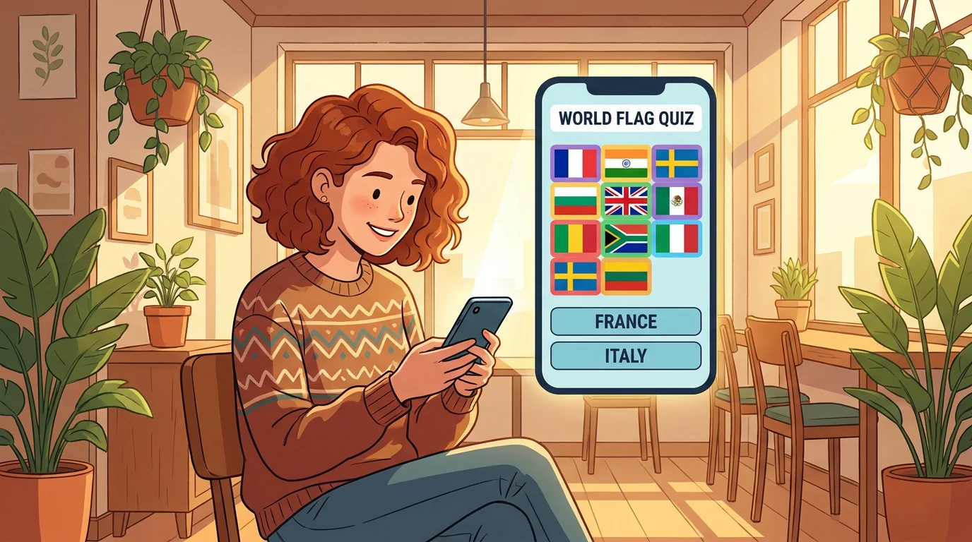 Person enjoying a flag guessing game on their smartphone