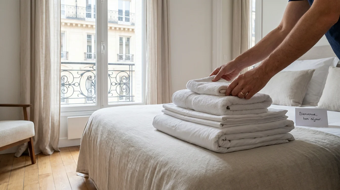 Linge de maison blanc plié avec soin sur un lit dans un appartement parisien lumineux