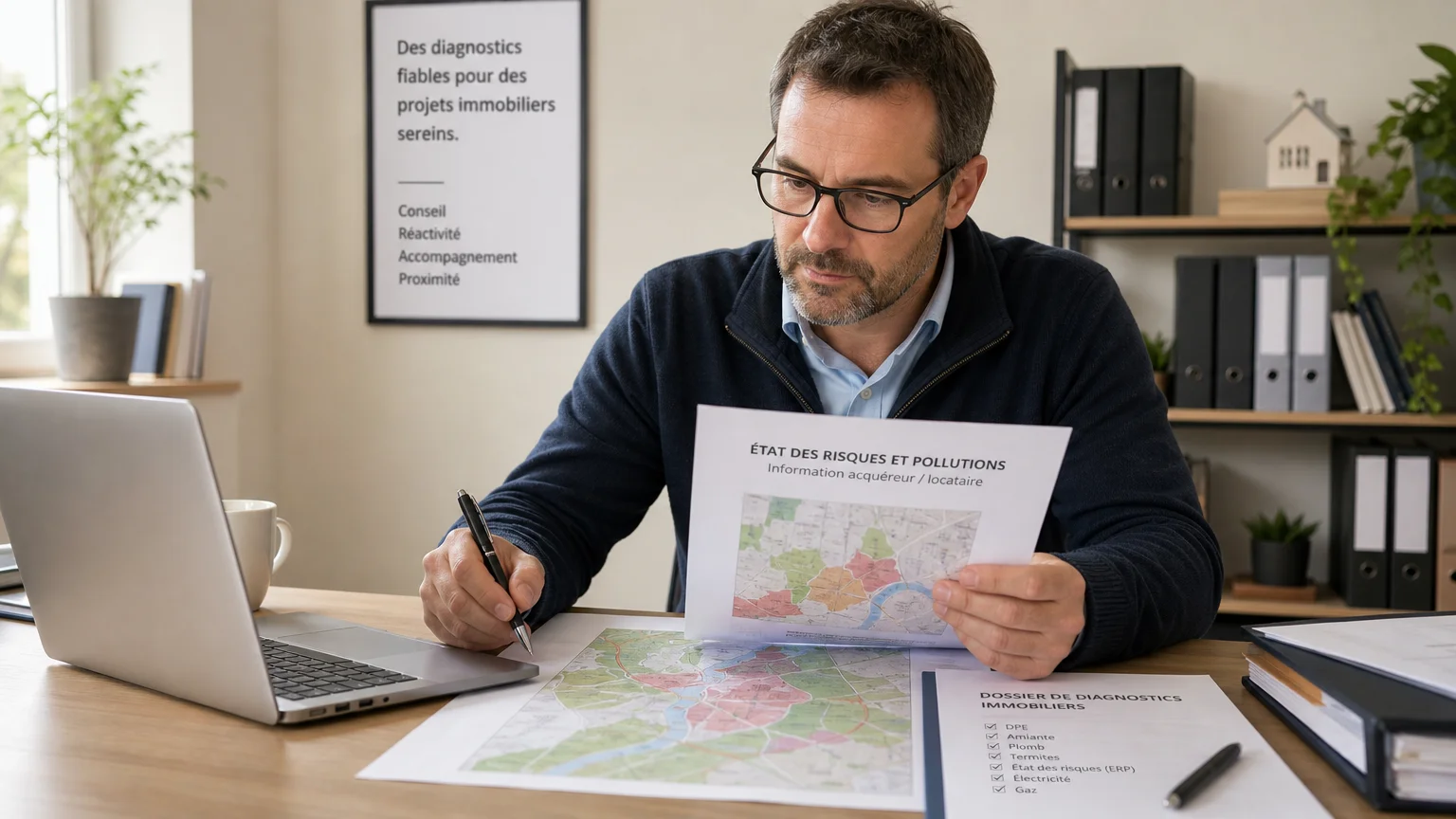 Professionnel du diagnostic immobilier examinant un état des risques