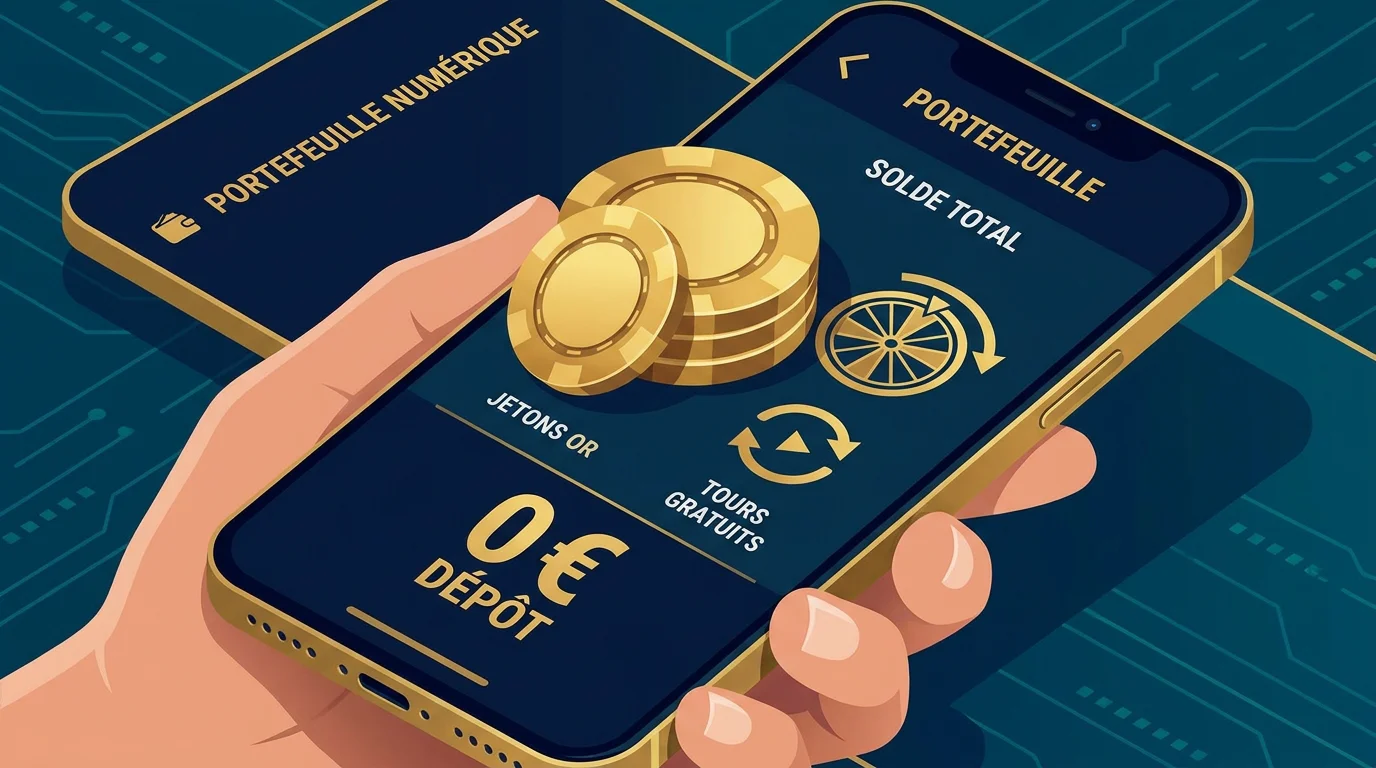 Illustration d'un bonus de casino sans dépôt sur smartphone avec jetons et tours gratuits