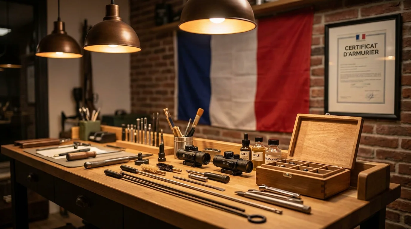 Atelier d'entretien d'armes avec outils de nettoyage et optiques de précision