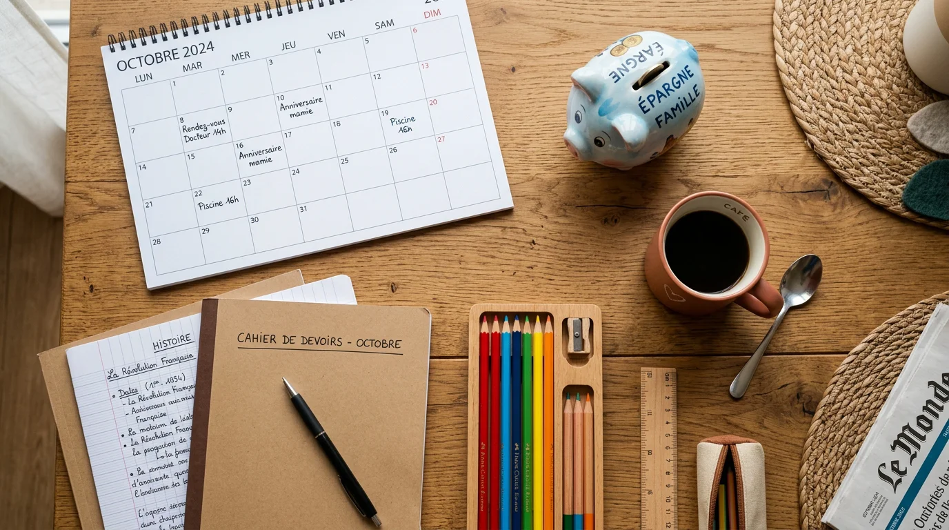 Bureau familial avec calendrier et tirelire pour organiser le budget de garde