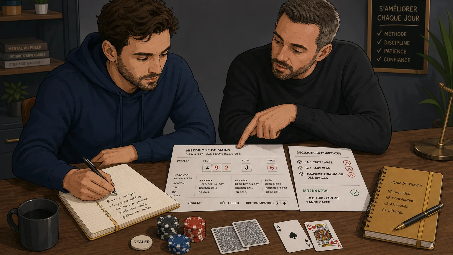 Un joueur analyse ses erreurs avec un coach de poker