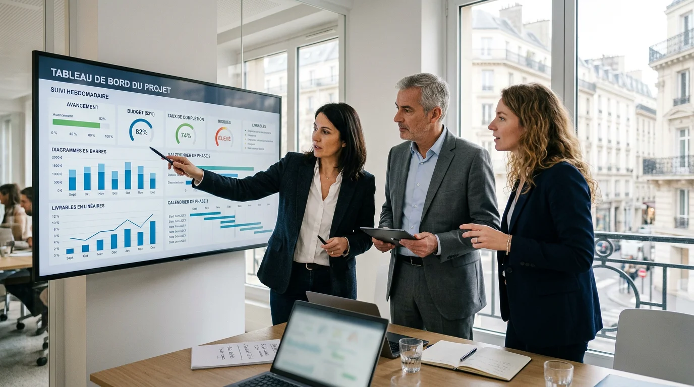 Équipe de consultants analysant un tableau de bord de gestion en réunion