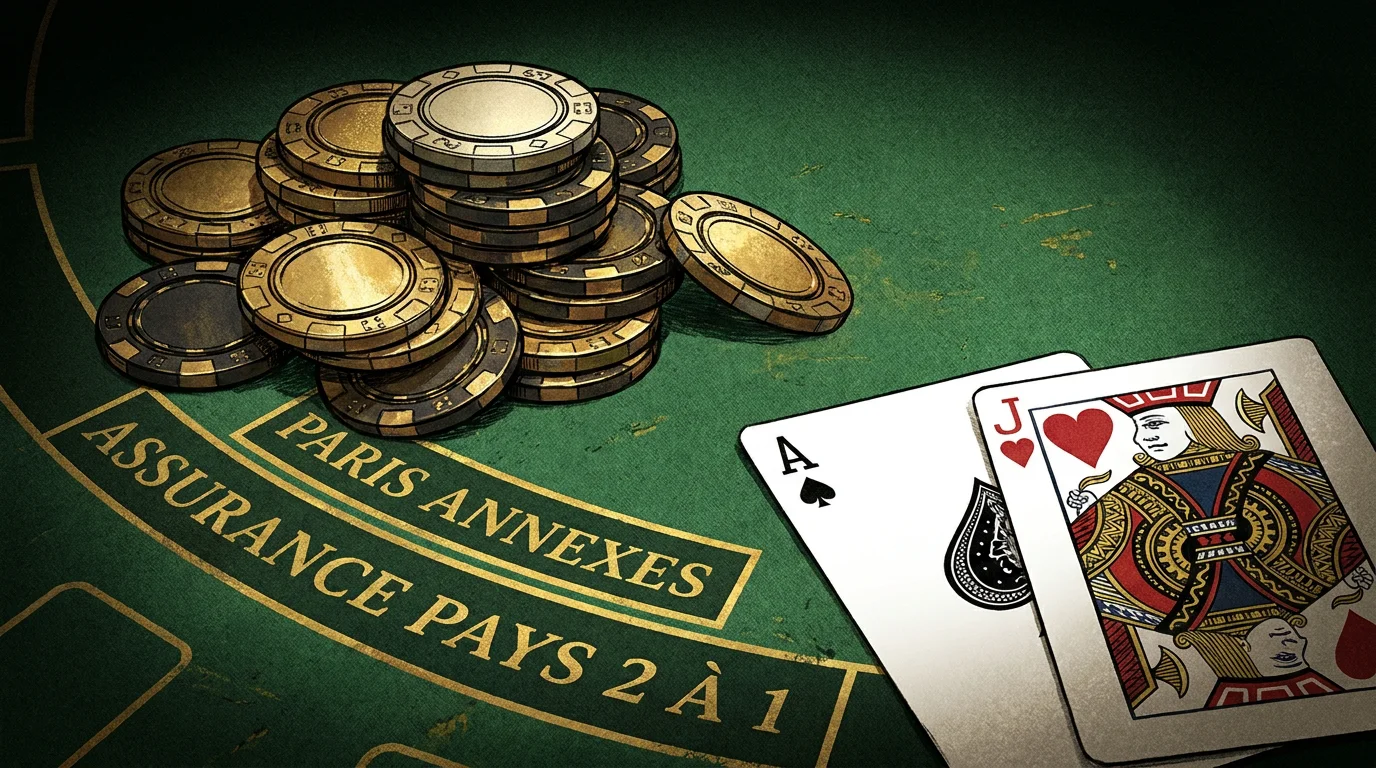 Jetons de casino et cartes de blackjack avec zone de paris annexes visible