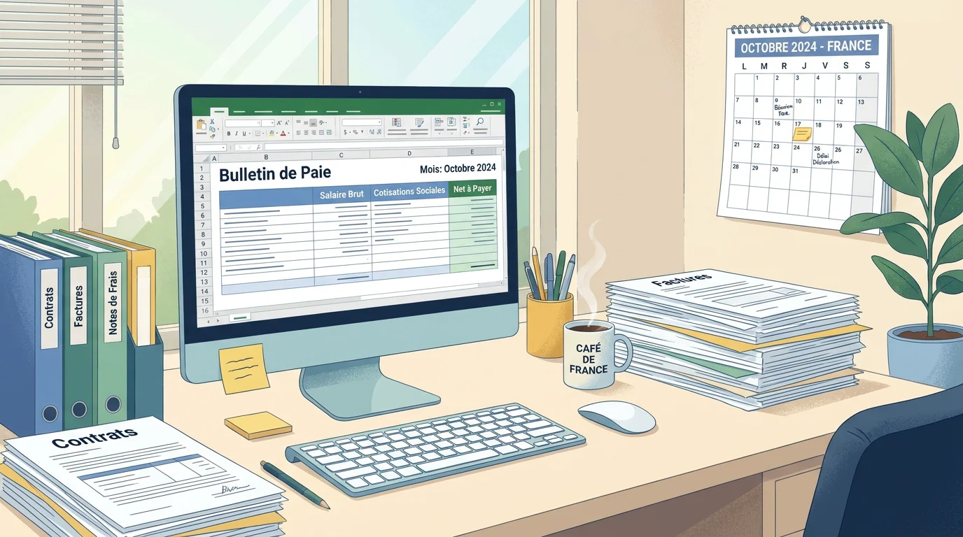 Illustration d'un poste de travail organisé pour la gestion de la paie en stage