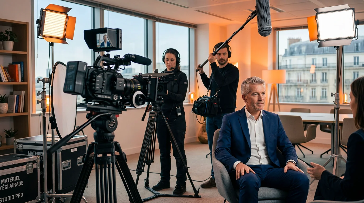 Équipe de tournage filmant une interview de dirigeant pour un film institutionnel