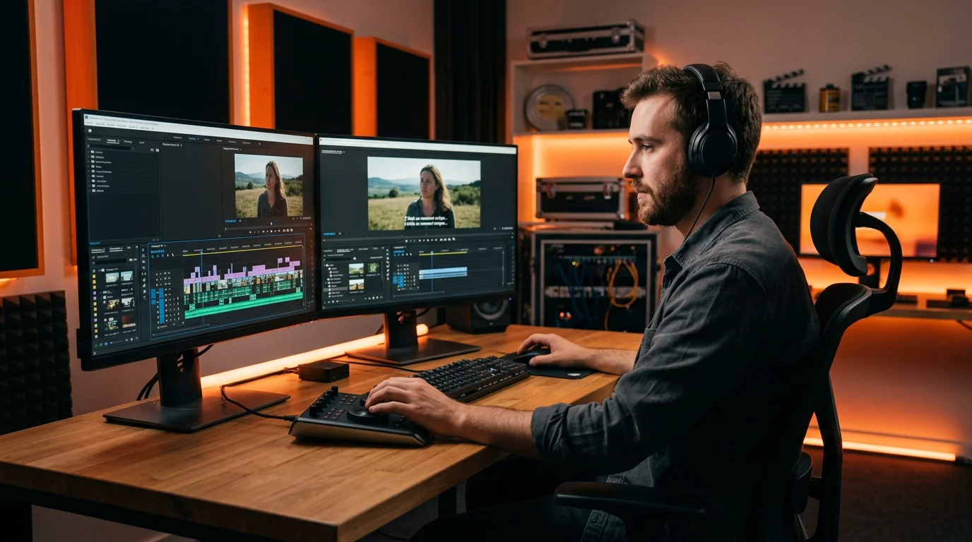 Monteur travaillant sur la post-production d'un film institutionnel en studio
