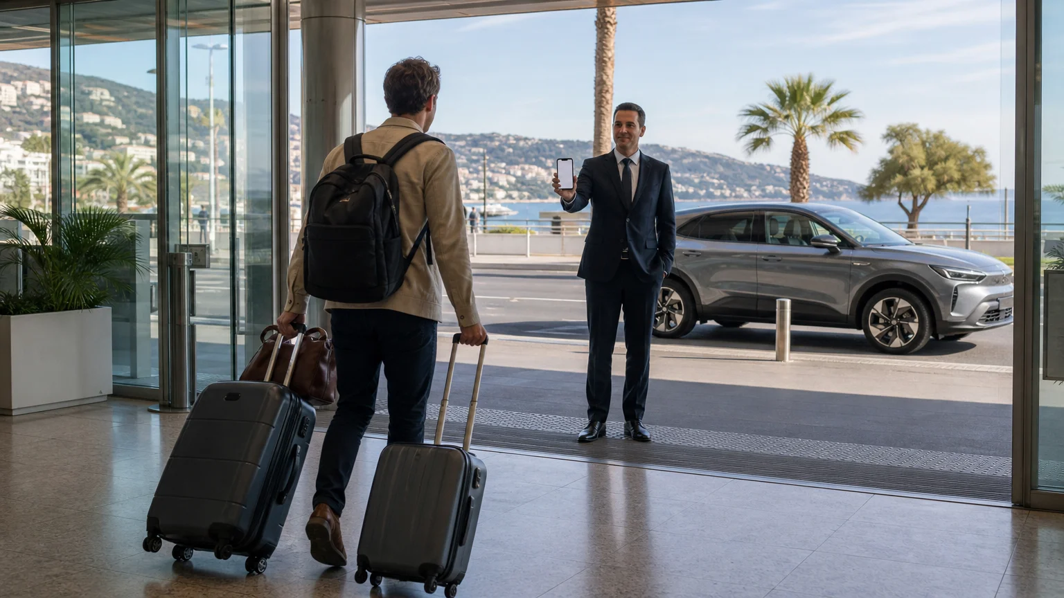 Traveler meeting a chauffeur at Nice Airport with luggage and a grey electric crossover