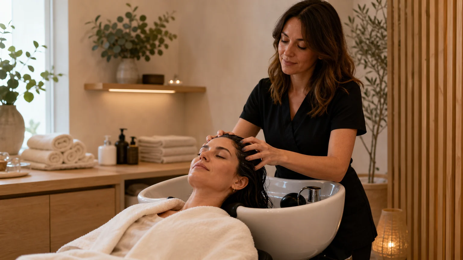 Professionnelle réalisant un massage du cuir chevelu pendant une séance de Head Spa