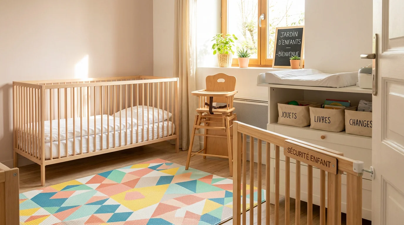 Pièce aménagée pour assistante maternelle avec lit à barreaux, chaise haute et tapis d'éveil
