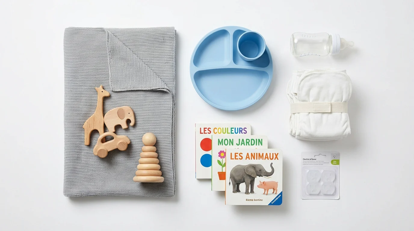 Flat lay d'équipements de puériculture pour assistante maternelle organisés par catégorie