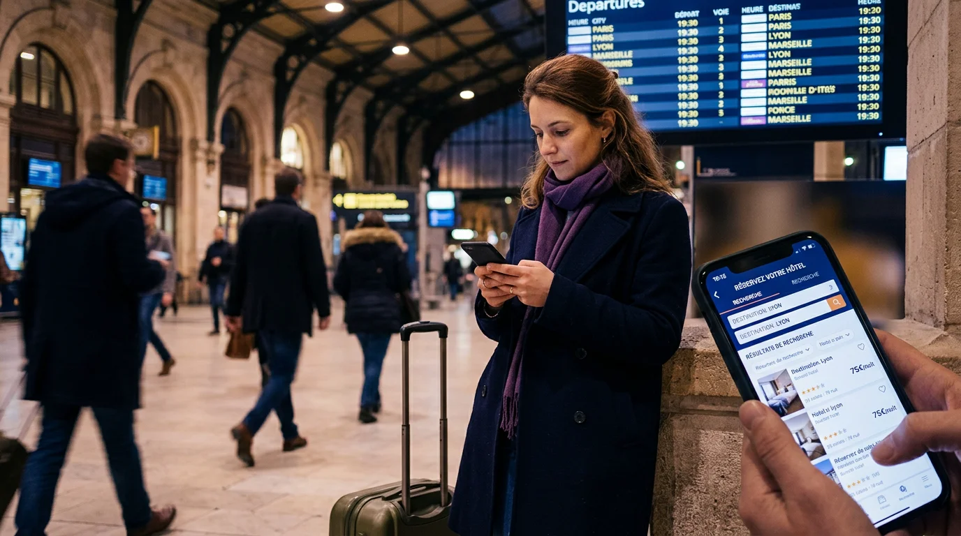 Voyageuse réservant un hôtel de dernière minute depuis son smartphone dans une gare