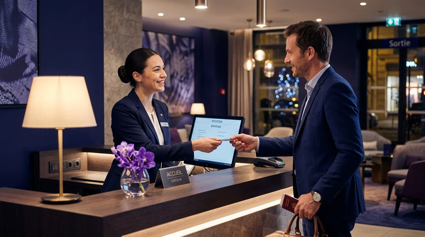 Arrivée tardive à la réception d'un hôtel après une réservation de dernière minute