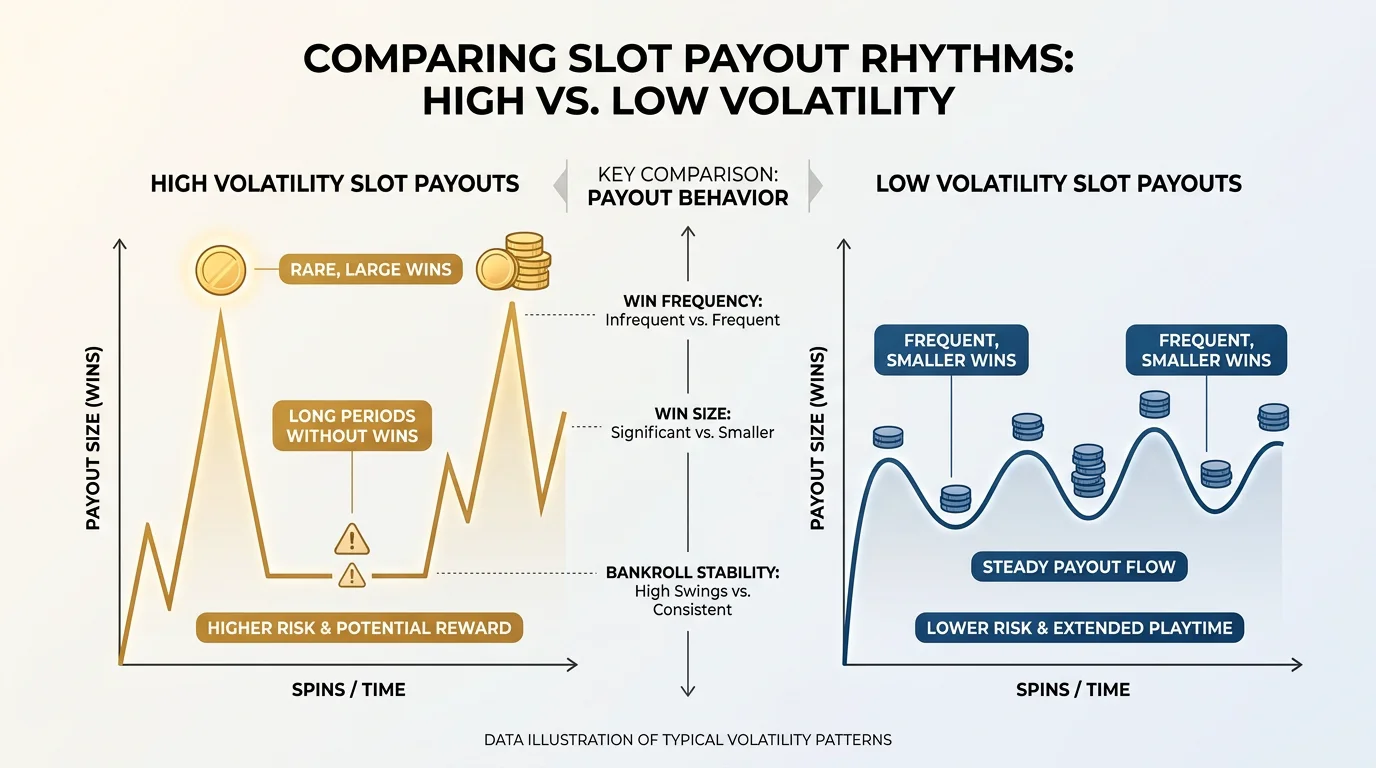 Infographic comparing high and low volatility payout patterns in online slots