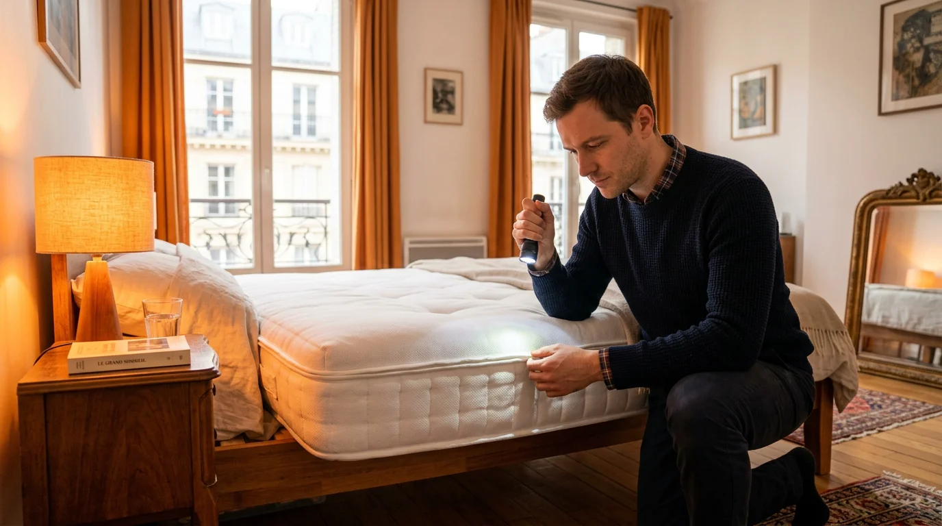 Inspection d'un matelas à la recherche de punaises de lit dans une chambre