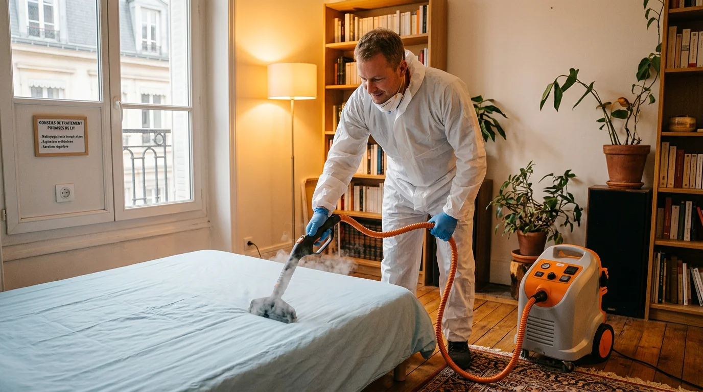 Technicien certifié traitant un matelas à la vapeur sèche contre les punaises de lit