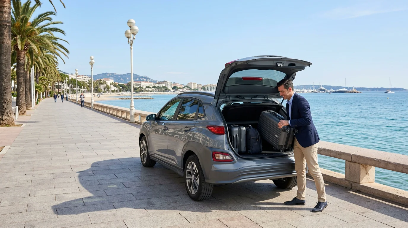 Grey electric SUV on the Cannes seafront with a chauffeur loading four suitcases