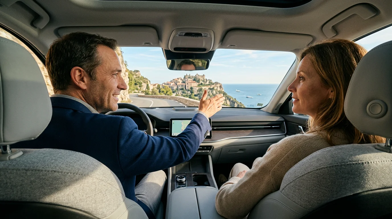 Chauffeur pointing out a coastal village to a passenger from inside an electric SUV
