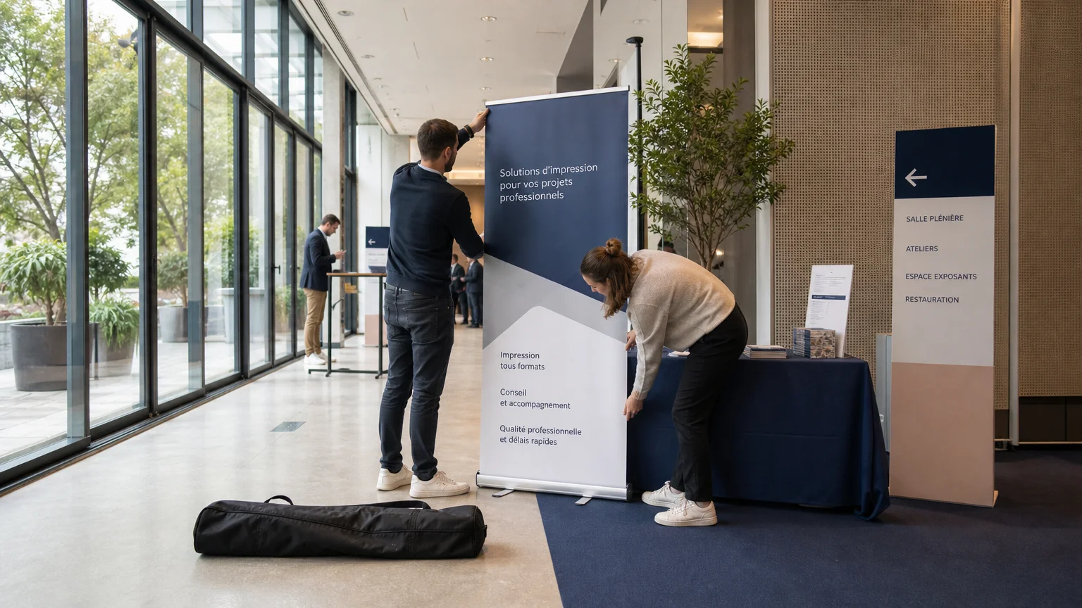 Installation d’un roll-up sur un stand professionnel