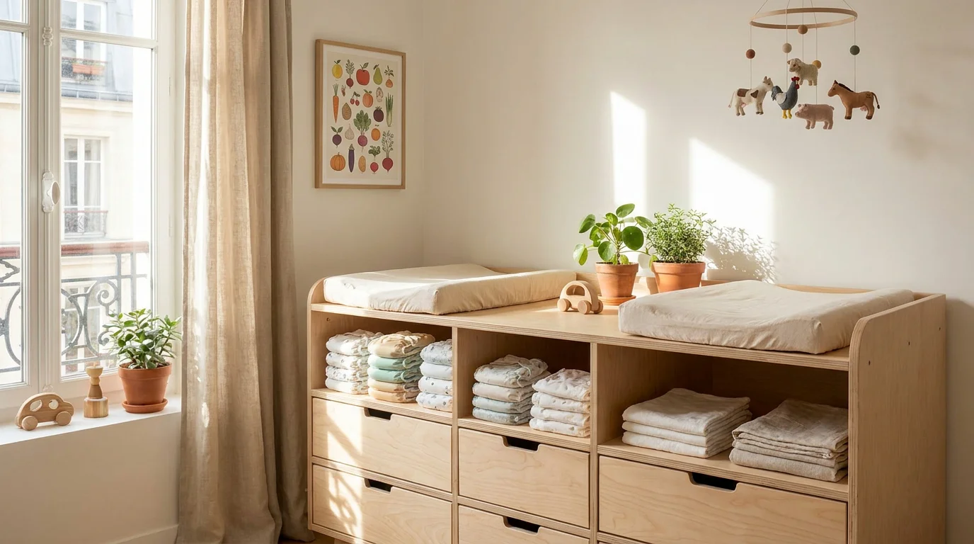 Espace de change professionnel aménagé en crèche avec meuble à langer en bois et rangements