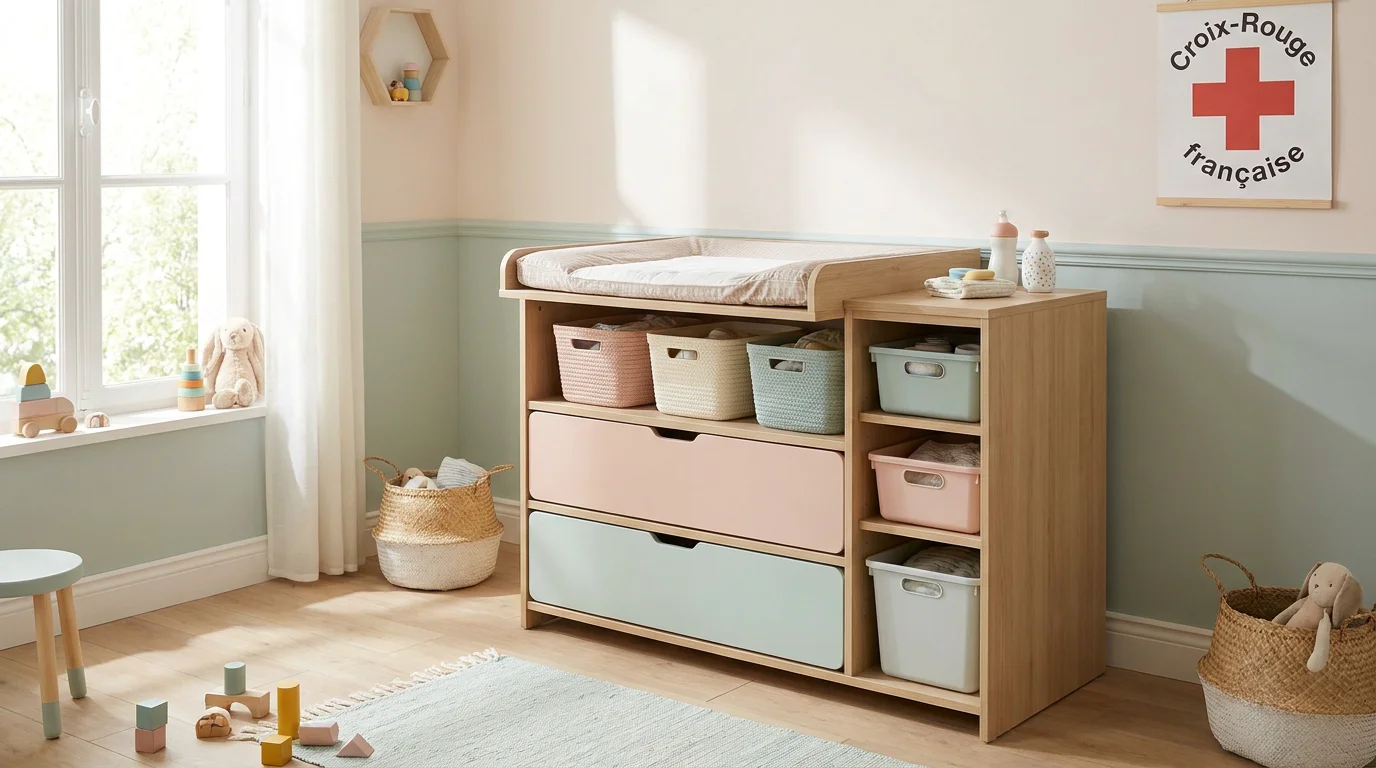 Meuble de change professionnel avec tiroirs et matelas intégré pour crèche